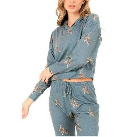 NWT ONZIE Soft French Terry Crop Pale Cacti Tiger Hoodie - Picture 3 of 12